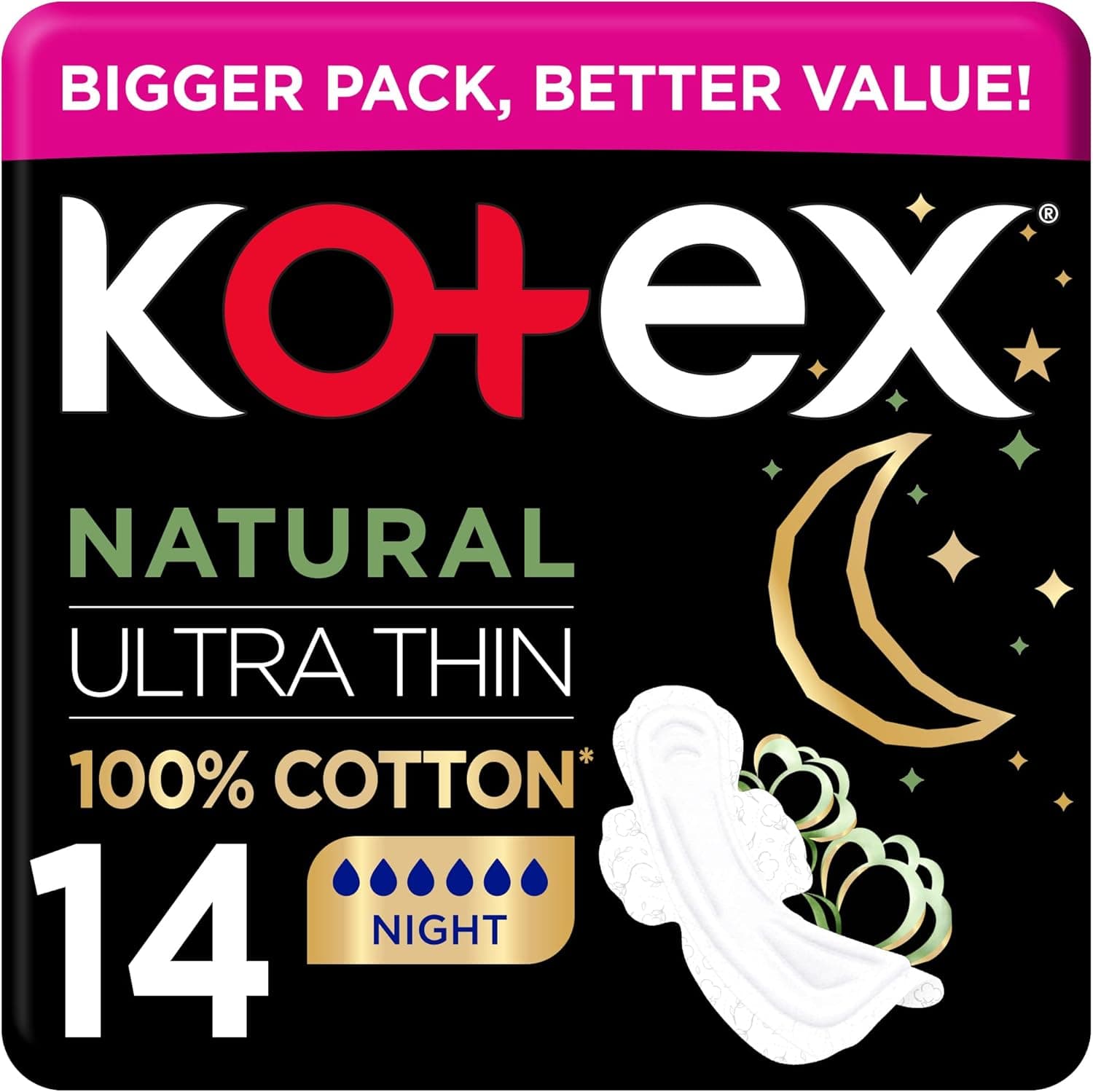 Kotex Natural Ultra Thin Pads, 100% Cotton Pad, Overnight Protection Sanitary Pads with Wings, 14 Sanitary Pads - 1