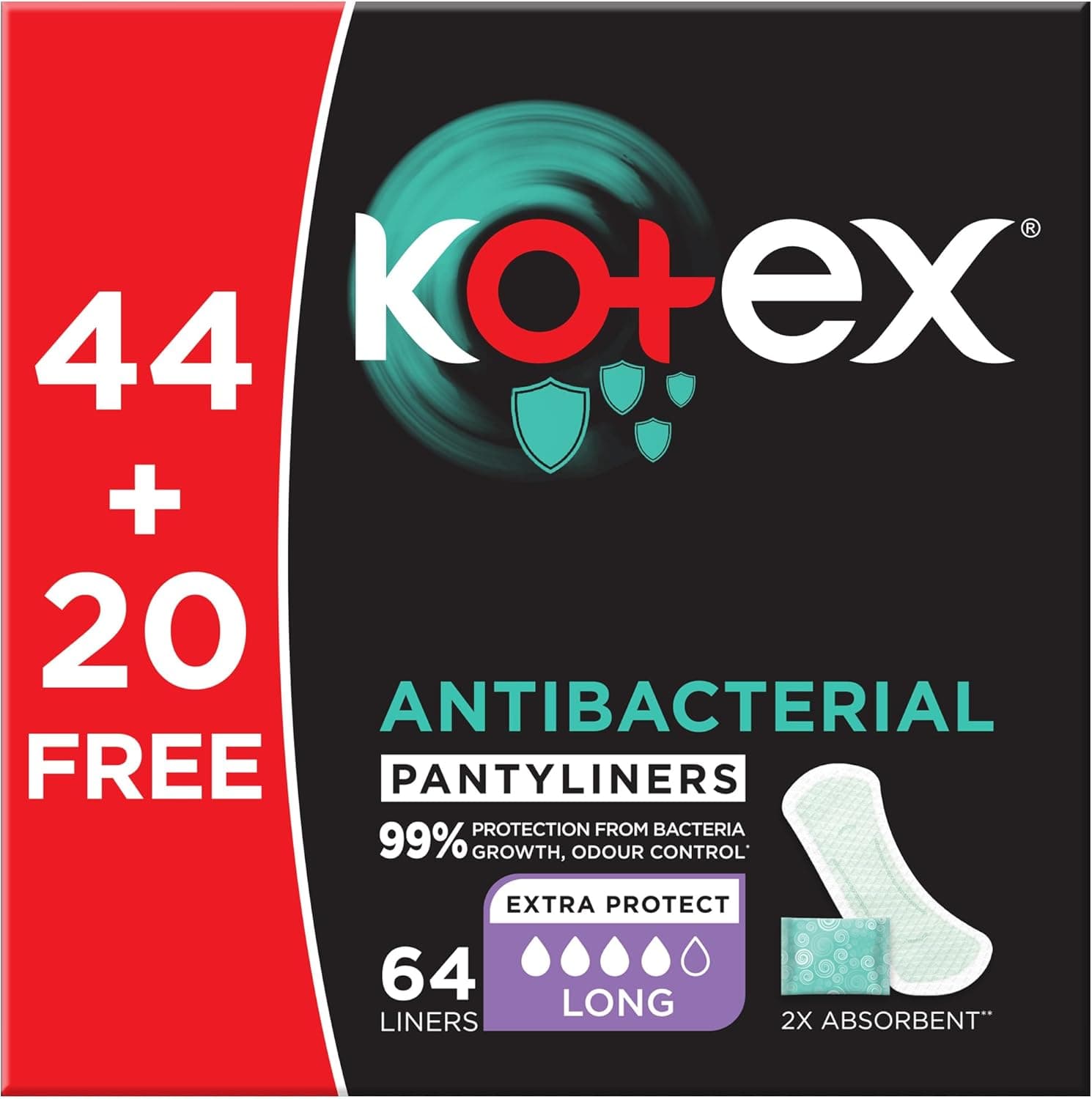 Kotex Antibacterial Panty Liners, 99% Protection from Bacteria Growth, Long Size, 64 Daily Panty Liners - 1