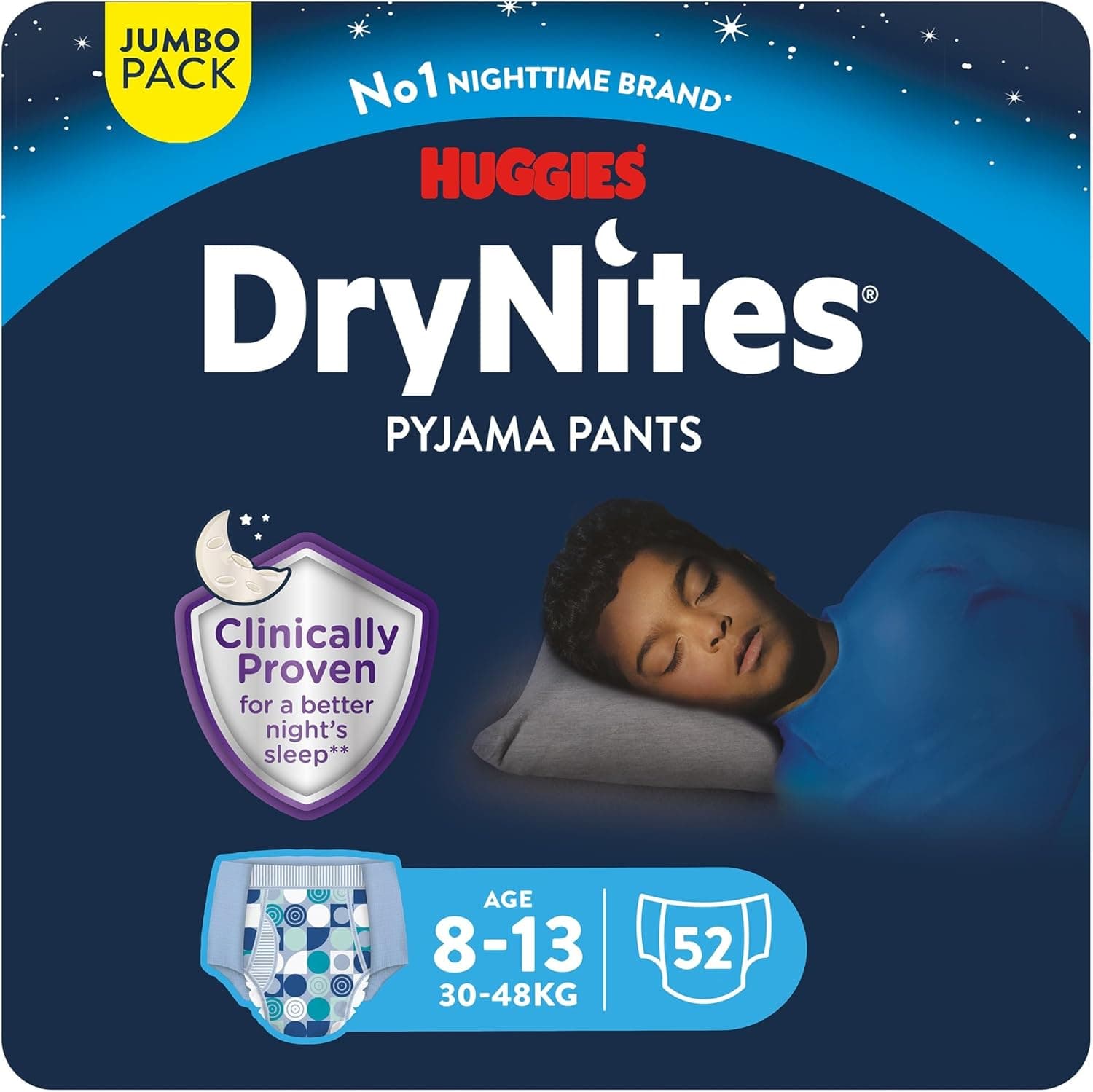 Huggies DryNites Pyjama Pants, 8-15 years, Bed Wetting Diaper, Boys, 27-57 kg, 4 x Jumbo Pack, 52 Pants - 1
