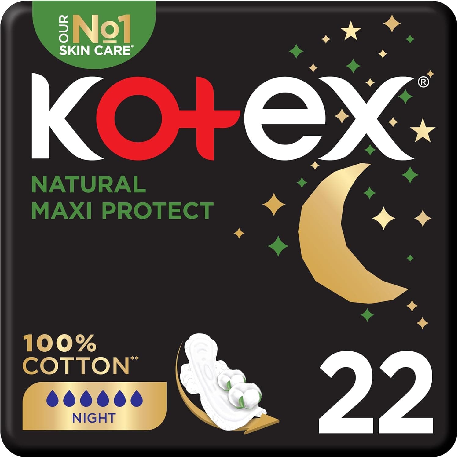 Kotex Natural Maxi Protect Thick Pads, 100% Cotton Pad, Overnight Protection Sanitary Pads with Wings, 22 Sanitary Pads - 1