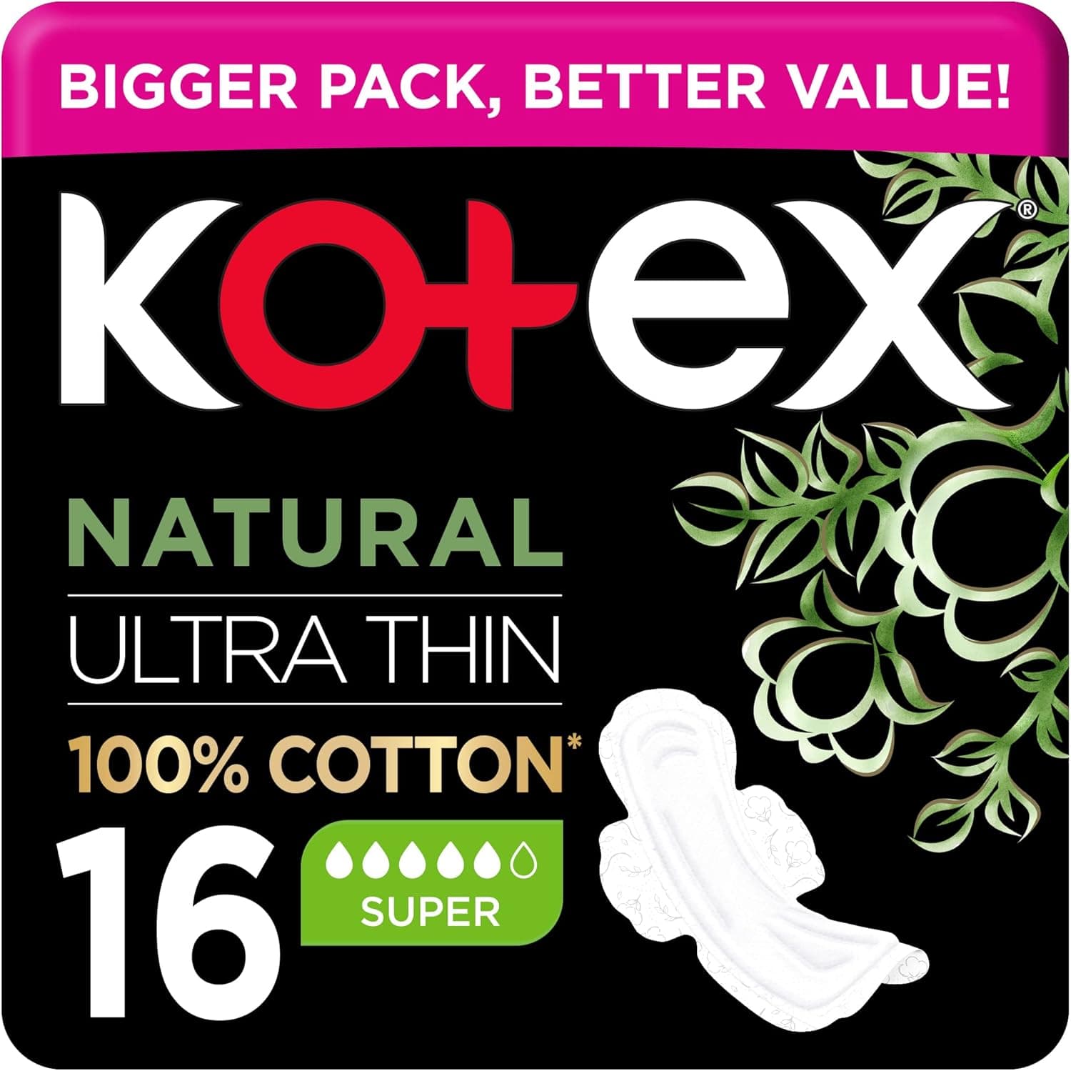 Kotex Natural Ultra Thin Pads, 100% Cotton Pad, Super Size Sanitary Pads with Wings, 16 Sanitary Pads - 1