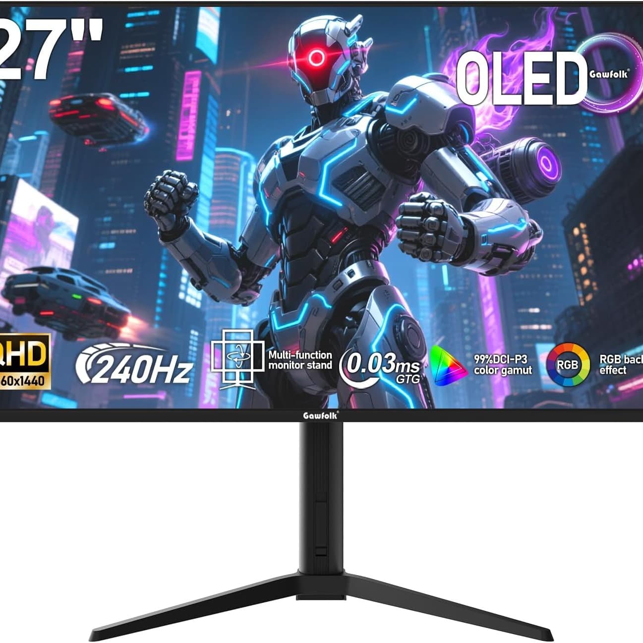 Gawfolk 27 Inch QD-OLED Gaming Monitor QHD 240Hz 0.03ms(GTG) 99% DCI-P3 FreeSync HDR400 1.5M:1Contrast Ratio VESA RGB atmosphere light With Tilt/Height/Swivel Adjustable Stand (Black) - 1