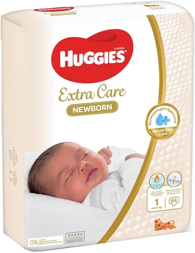 Huggies Extra Care Newborn, Size 1, Up to 5 kg, Jumbo Pack, 64 Diapers - 1