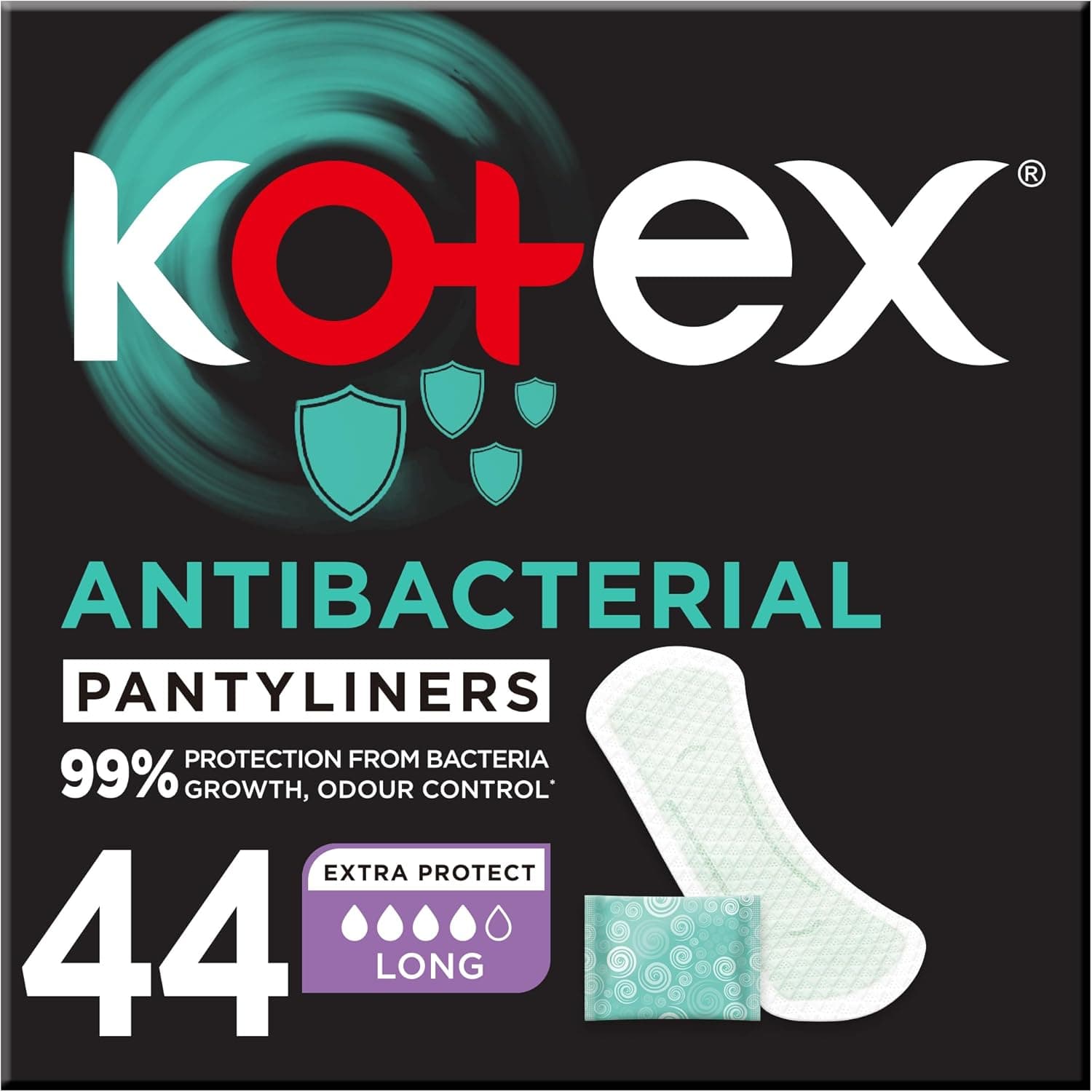 Kotex Antibacterial Panty Liners, 99% Protection from Bacteria Growth, Long Size, 44 Daily Panty Liners - 1
