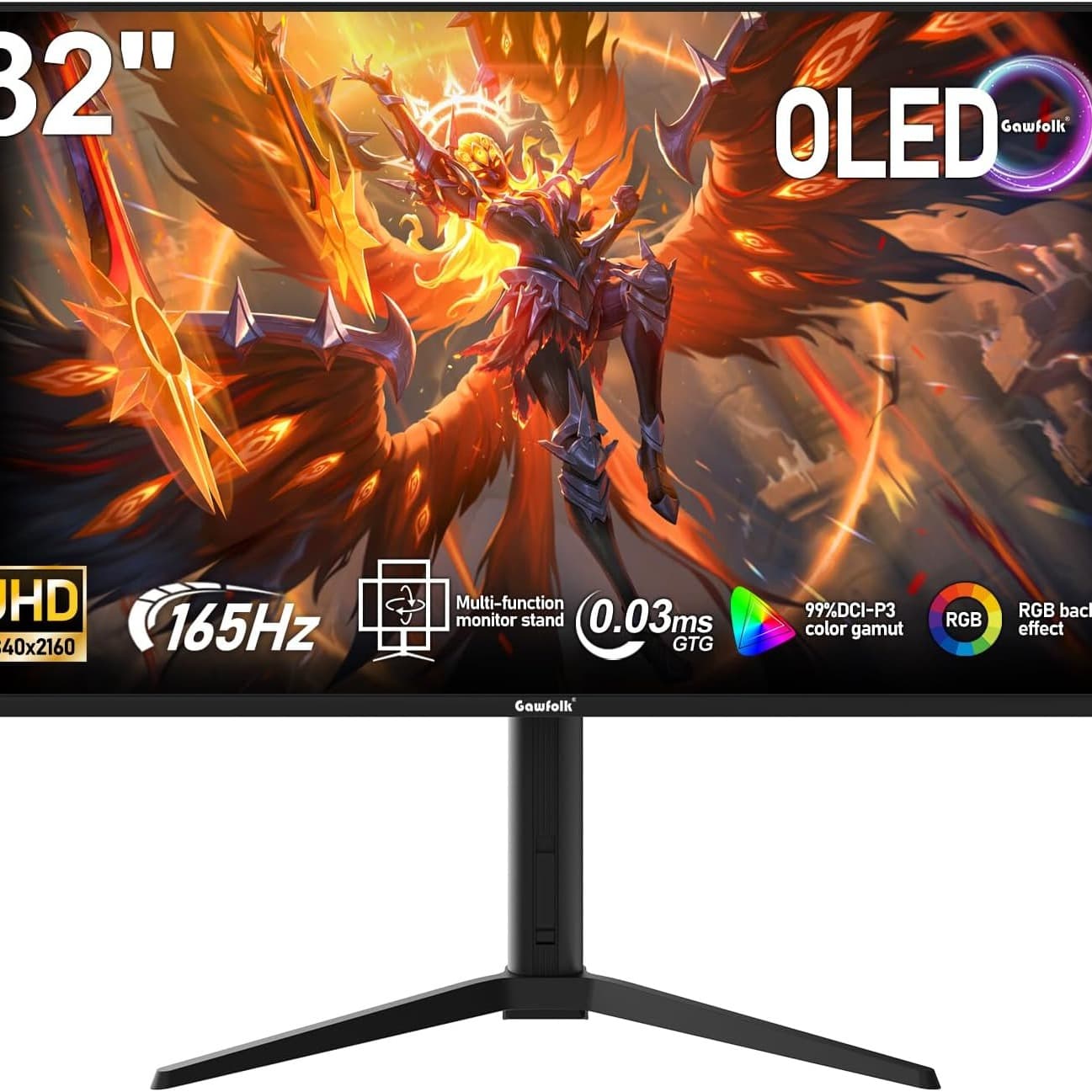 Gawfolk 32 Inch QD-OLED Gaming Monitor UHD 165Hz 0.03ms(GTG) 99% DCI-P3 FreeSync HDR400 1.5M:1Contrast Ratio VESA RGB atmosphere light With Tilt/Height/Swivel Adjustable Stand (Black) - 1
