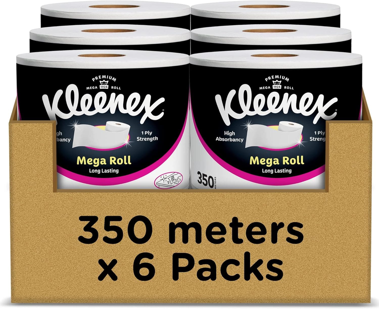 Kleenex Kitchen Paper Towel, Mega Roll Tissue, 6 Rolls x 350 Meters, High Absorbency for Multi Purpose - 1