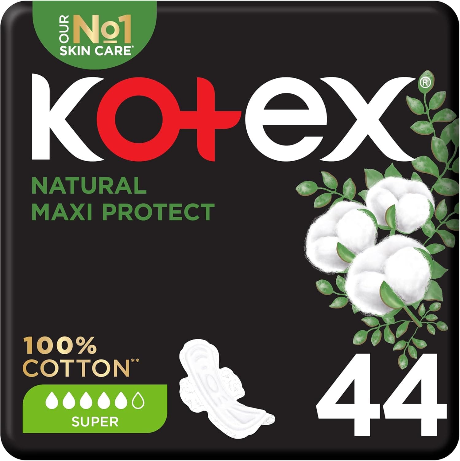 Kotex Natural Maxi Protect Thick Pads, 100% Cotton Pad, Super Size with Wings, 44 Sanitary Pads - 1