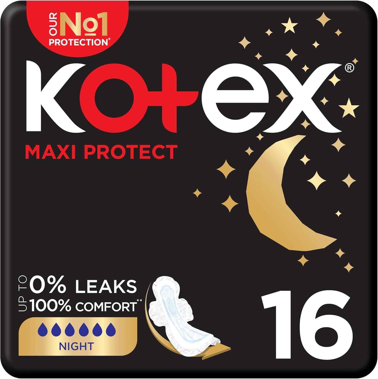 Kotex Maxi Protect Thick Pads, Overnight Protection Sanitary Pads with Wings, 16 Sanitary Pads - 1
