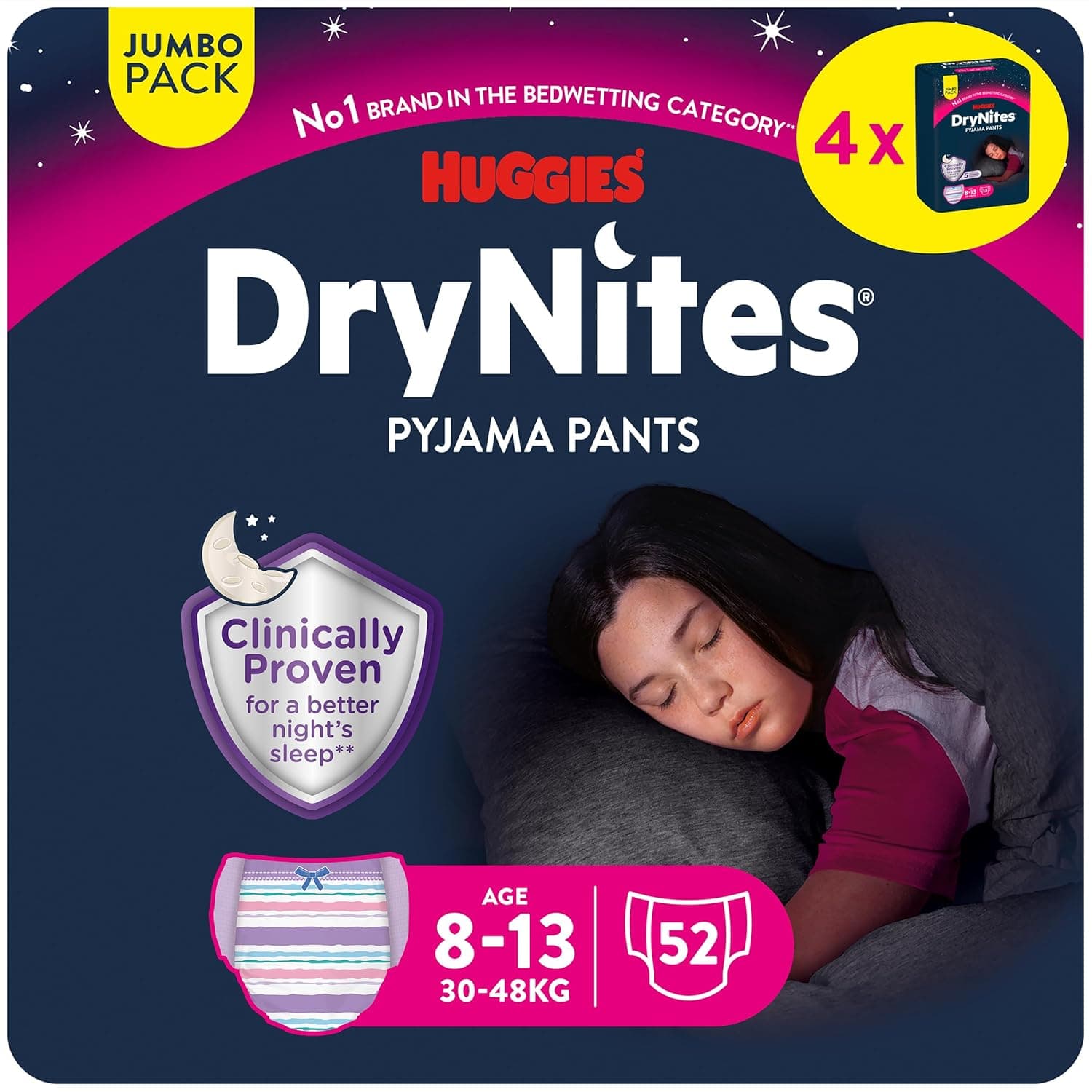 Huggies DryNites Pyjama Pants, 8-15 years, Bed Wetting Diaper, Girls, 27-57 kg, 4 x Jumbo Packs, 52 Pants - 1