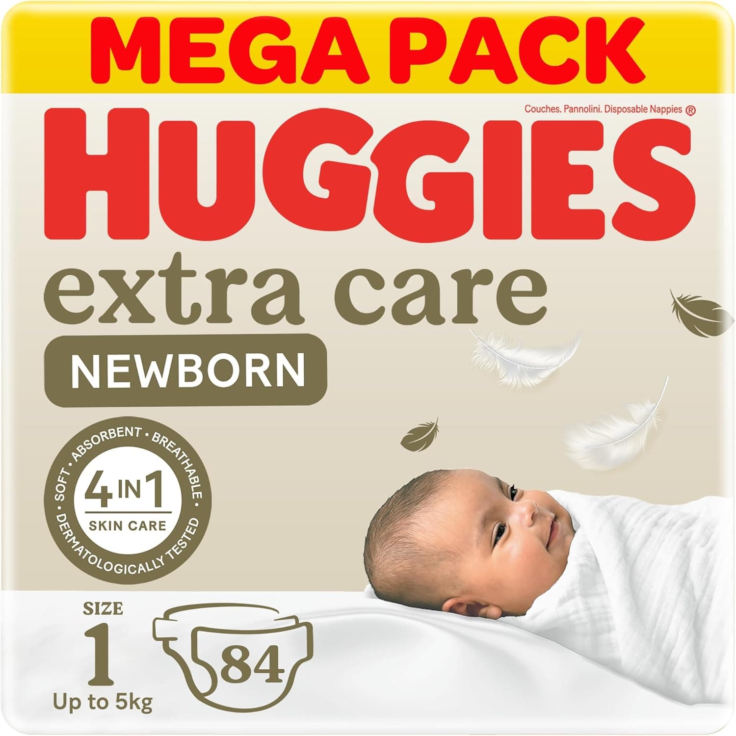 Huggies Extra Care Newborn, Size 1, Up to 5 kg, Mega Pack, 84 Diapers - 1