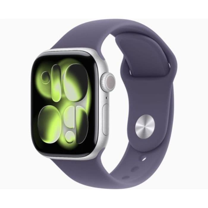 Apple Watch Series 11, GPS, 46mm, Silver Aluminum Case with Purple Fog Sport Band, S/M