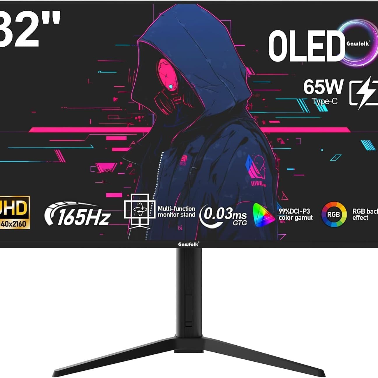 Gawfolk 32 Inch QD-OLED Gaming Monitor UHD 165Hz 0.03ms(GTG) PIP/PBP 99% DCI-P3 Type-c(65W) KVM FreeSync HDR400 HUB3.0 1.5M:1Contrast Ratio VESA RGB With Tilt/Height/Swivel Adjustable Stand (Black) - 1
