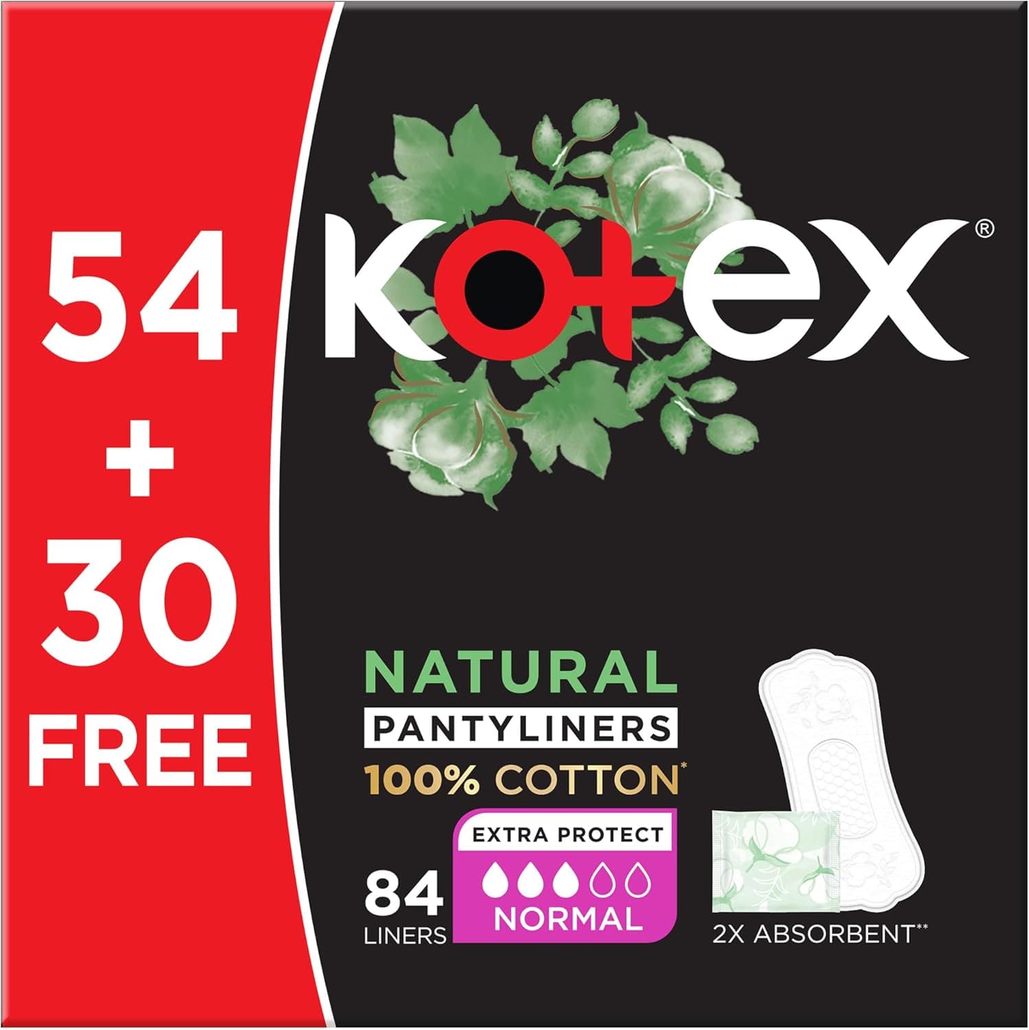 Kotex Natural Panty Liners, 100% Cotton, Normal Size, 84 Daily Panty Liners - 1