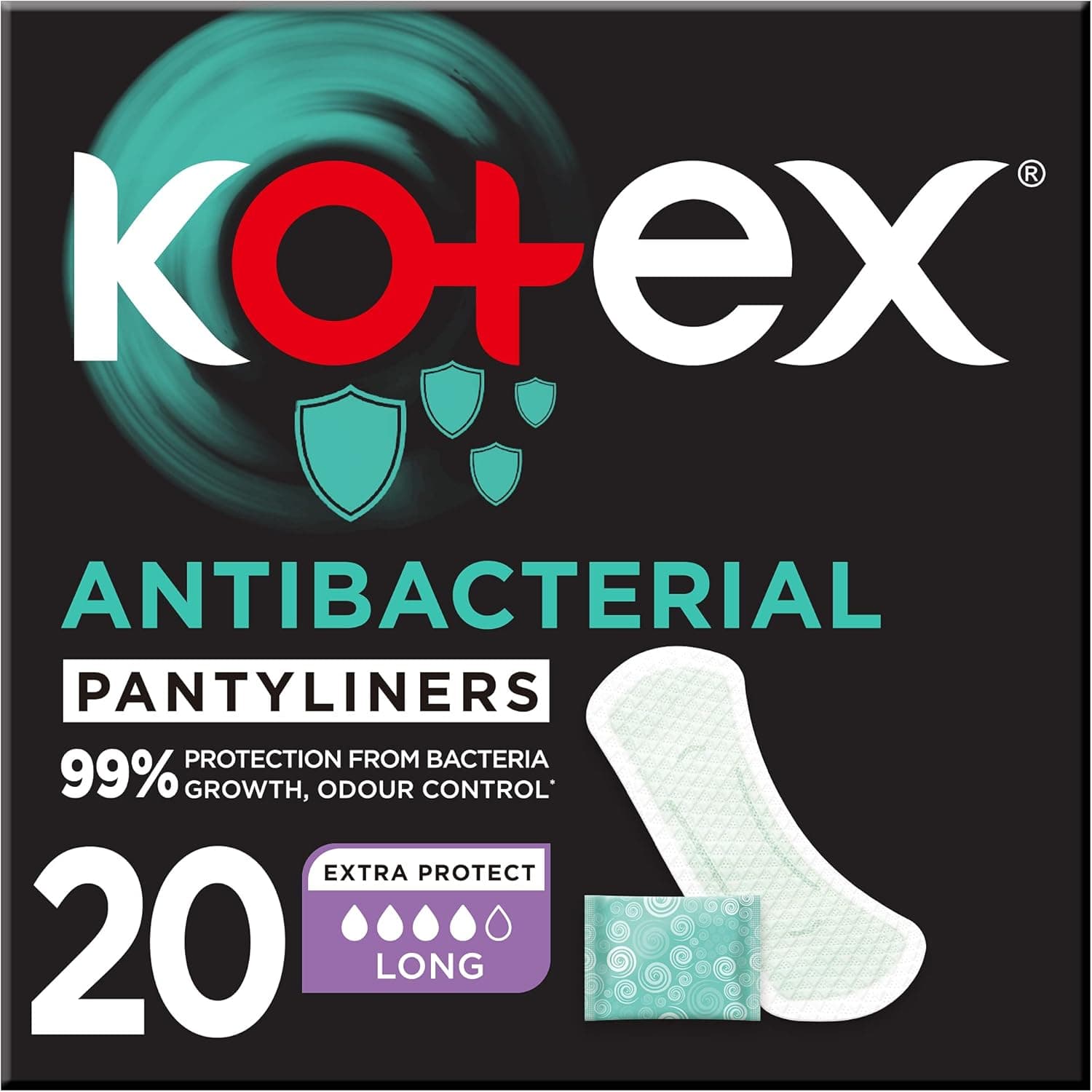 Kotex Antibacterial Panty Liners, 99% Protection from Bacteria Growth, Long Size, 20 Daily Panty Liners - 1