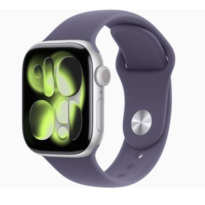 Apple Watch Series 11, GPS + Cellular, 46mm, Silver Aluminum Case with Purple Fog Sport Band - 1