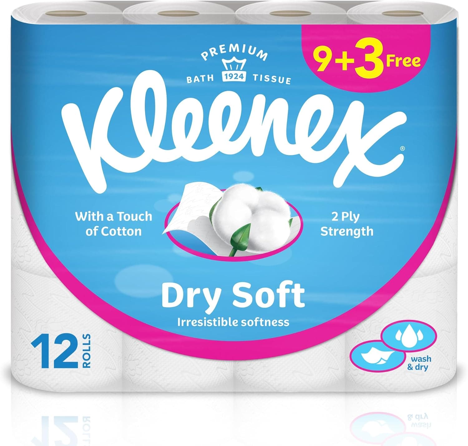 Kleenex Dry Soft Toilet Tissue Paper, 2 PLY, 12 Rolls x 200 Sheets, Embossed Bathroom Tissue with a Touch Of Cotton - 1