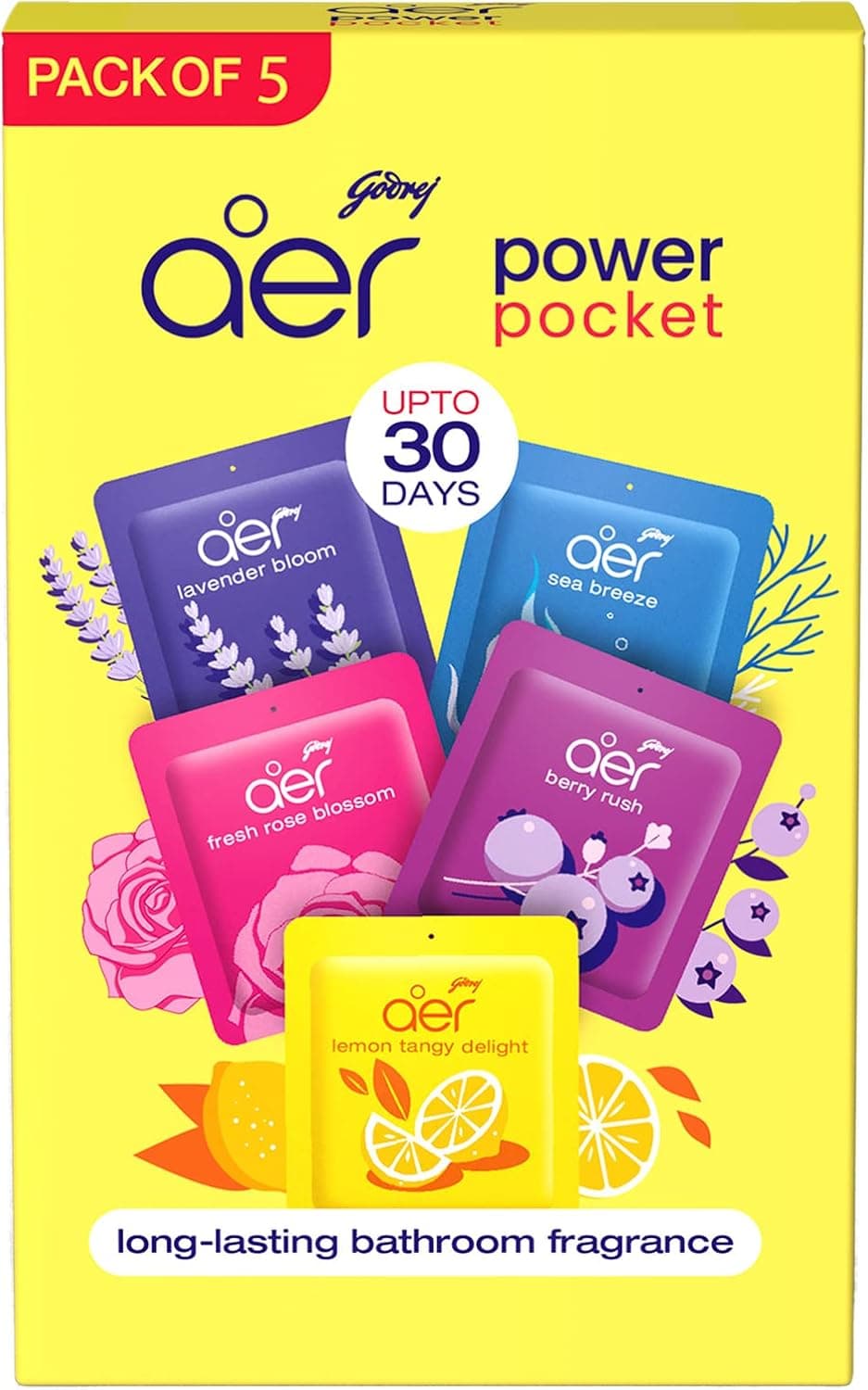 Godrej Aer Power Pocket  Air Freshener- Bathroom And Toilet  Lasts Up To 30 Days  Assorted Pack Of 5 (50G), Multicolour, 40017848 - 1