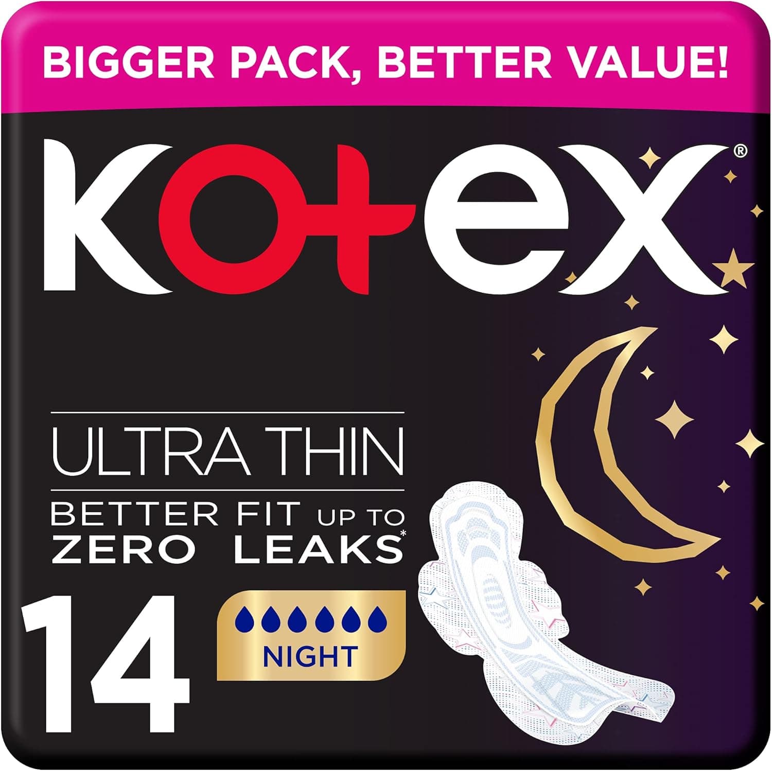 Kotex Ultra Thin Pads, Overnight Protection Sanitary Pads with Wings, 14 Sanitary Pads - 1