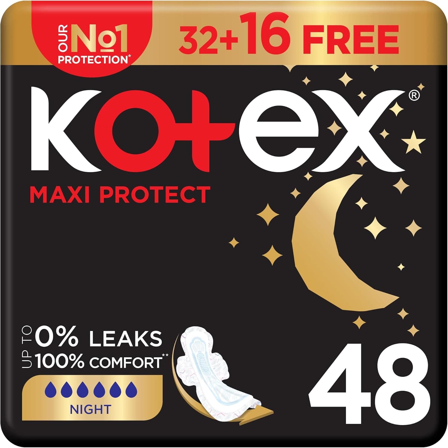 Kotex Maxi Protect Thick Pads, Overnight Protection Sanitary Pads with Wings, 48 Sanitary Pads - 1