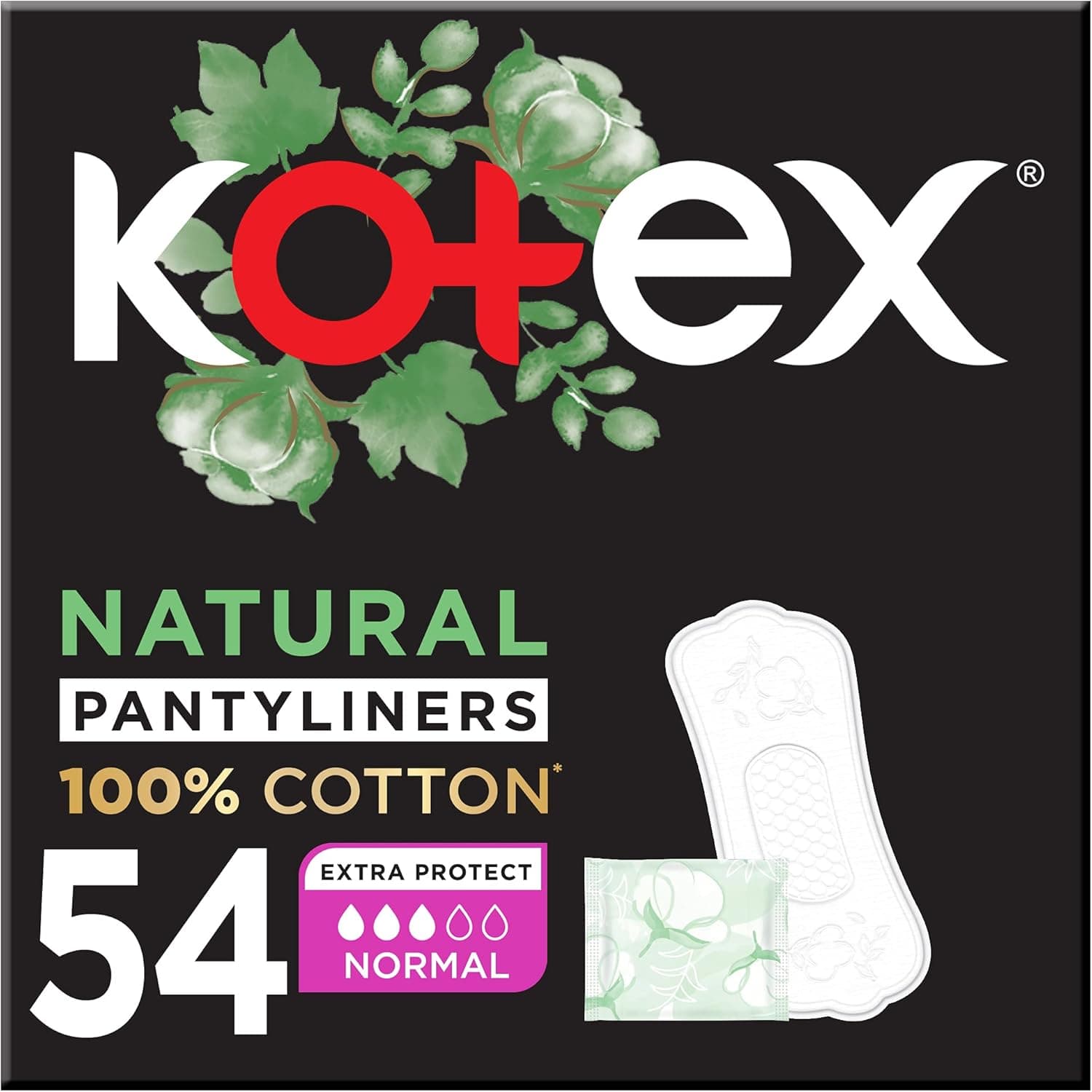 Kotex Natural Panty Liners, 100% Cotton, Normal Size, 54 Daily Panty Liners - 1