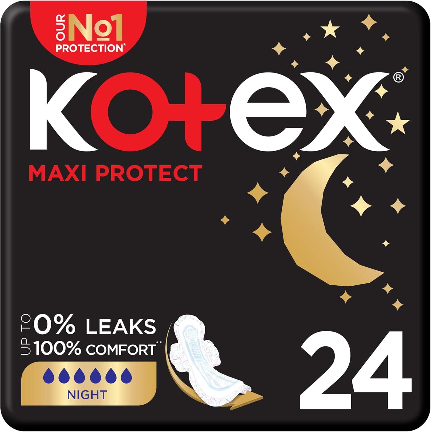 Kotex Maxi Protect Thick Pads, Overnight Protection Sanitary Pads with Wings, 24 Sanitary Pads - 1