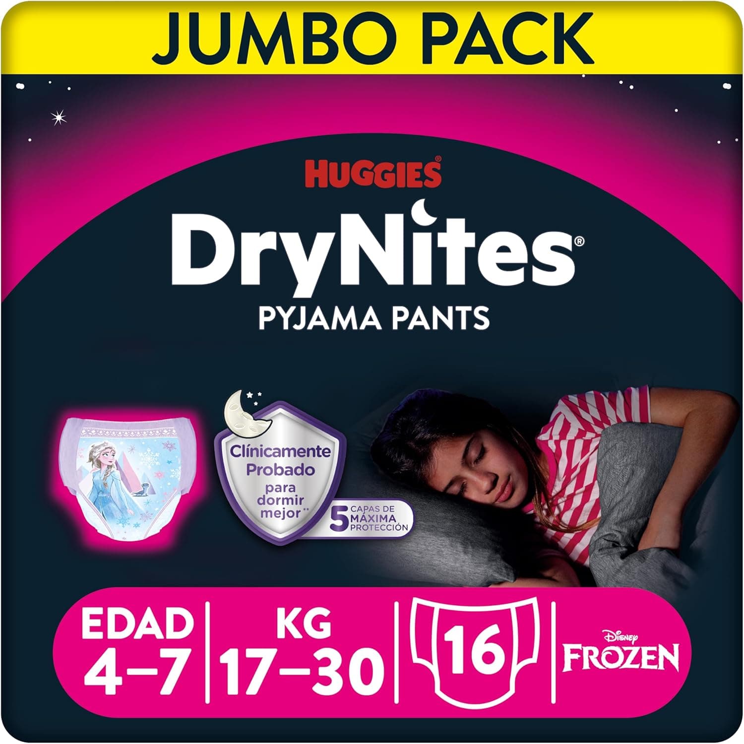 Huggies DryNites Pyjama Pants, 4-7 years, Bed Wetting Diaper, Girls, 17-30 kg, Jumbo Pack, 16 Pants - 1