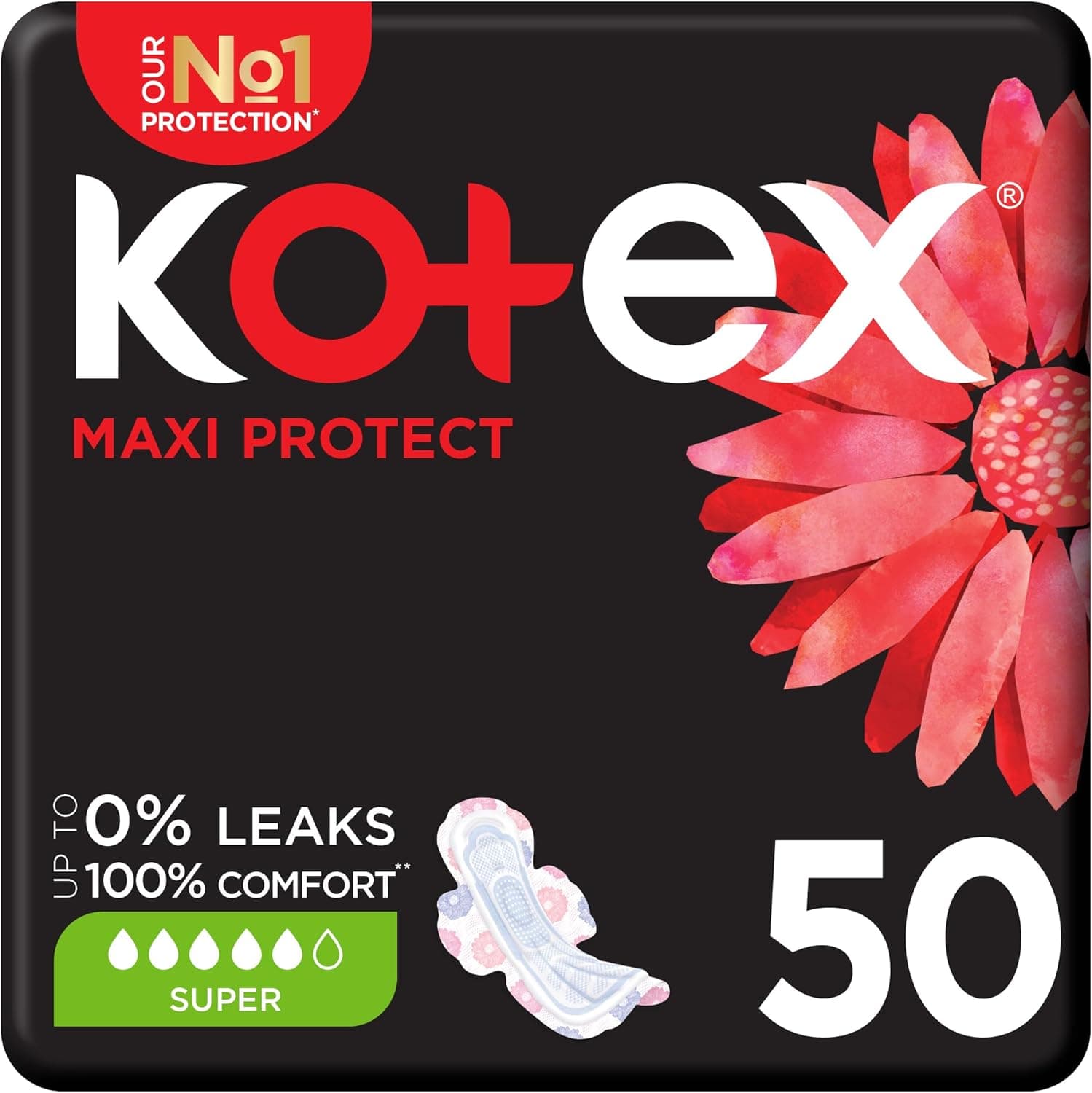 Kotex Maxi Protect Thick Pads, Super Size Sanitary Pads with Wings, 50 Sanitary Pads - 1