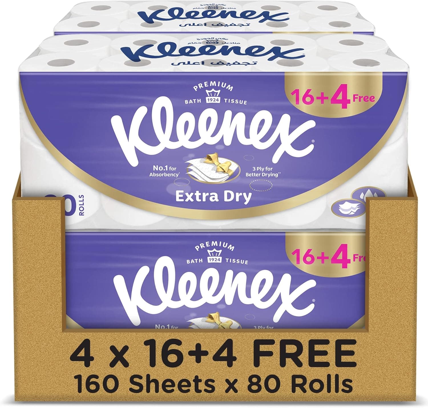 Kleenex Extra Dry Toilet Tissue Paper, 3 PLY, 80 Rolls x 160 Sheets, Embossed Bathroom Tissue with Superior Absorbency - 1