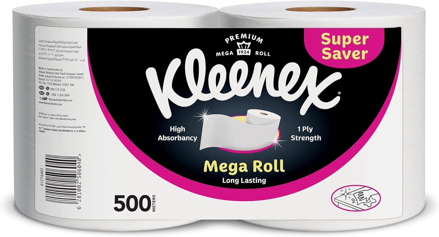 Kleenex Kitchen Paper Towel, Mega Roll Tissue, 2 Rolls x 250 Meters, High Absorbency for Multi Purpose - 1
