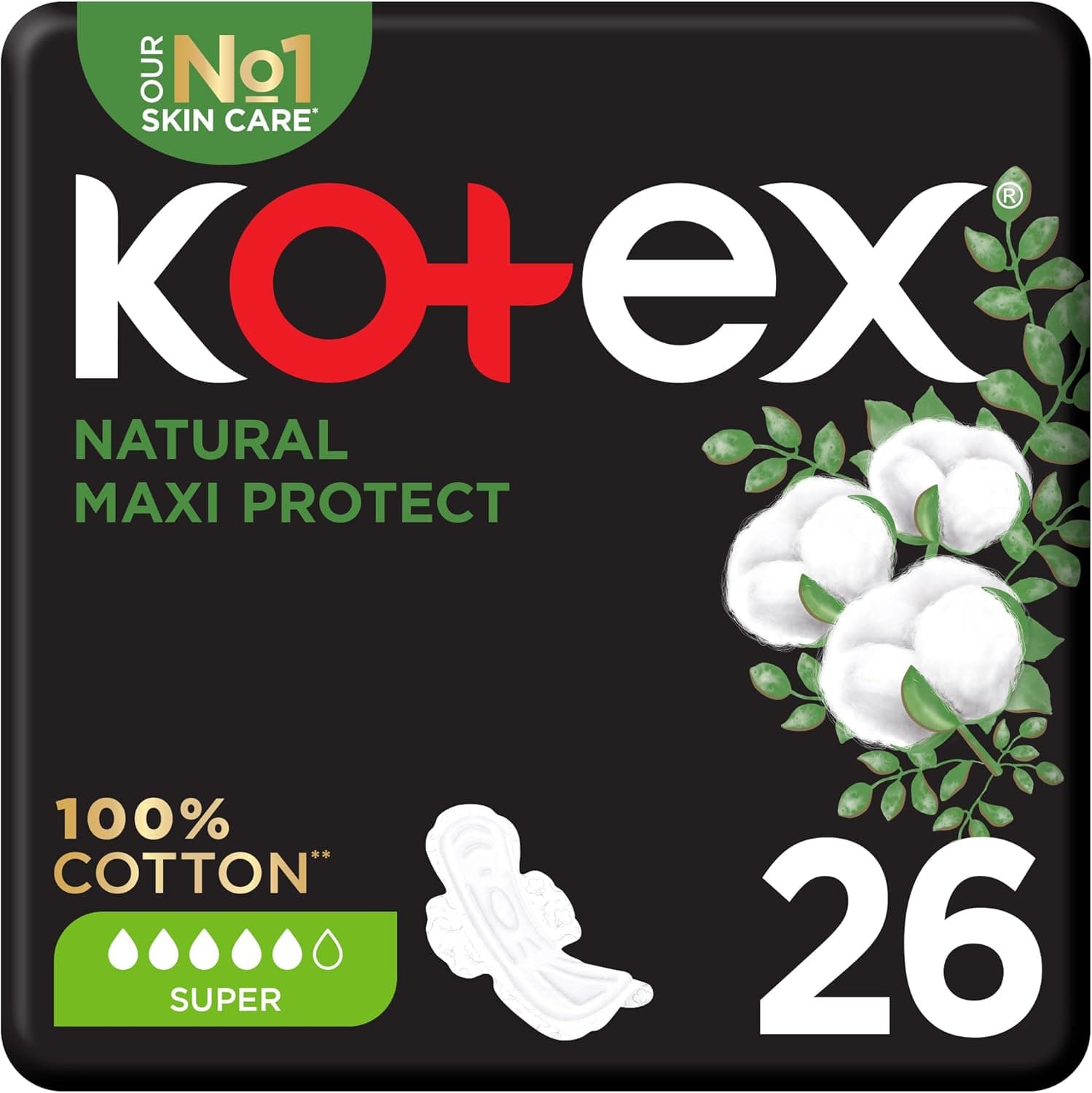 Kotex Natural Maxi Protect Thick Pads, 100% Cotton Pad, Super Size with Wings, 26 Sanitary Pads - 1