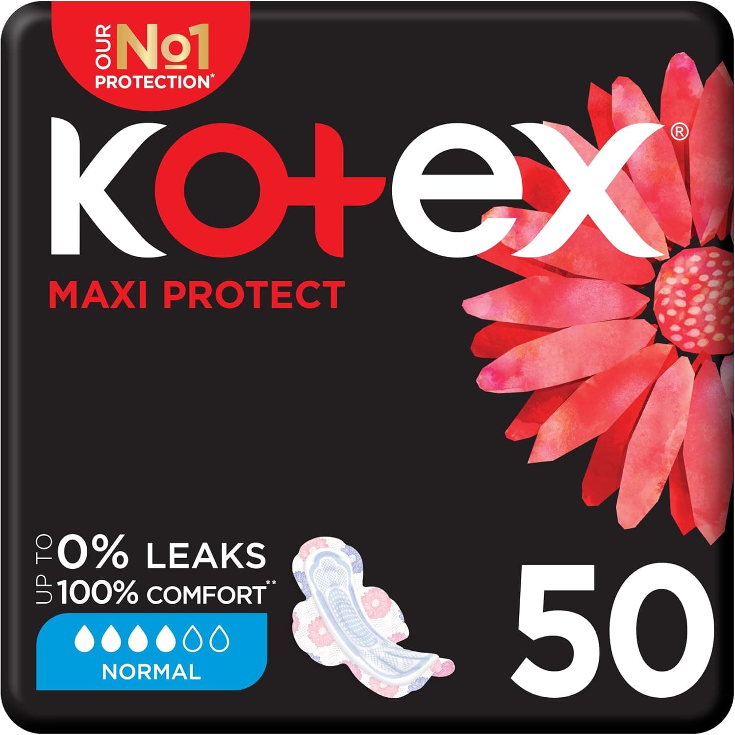Kotex Maxi Protect Thick Pads, Normal Size Sanitary Pads with Wings, 50 Sanitary Pads - 1
