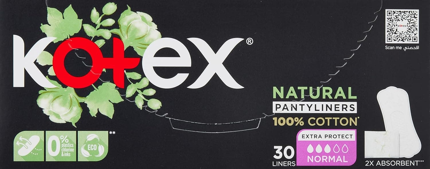 Kotex Natural Panty Liners, 100% Cotton, Normal Size, 30 Daily Panty Liners - 1
