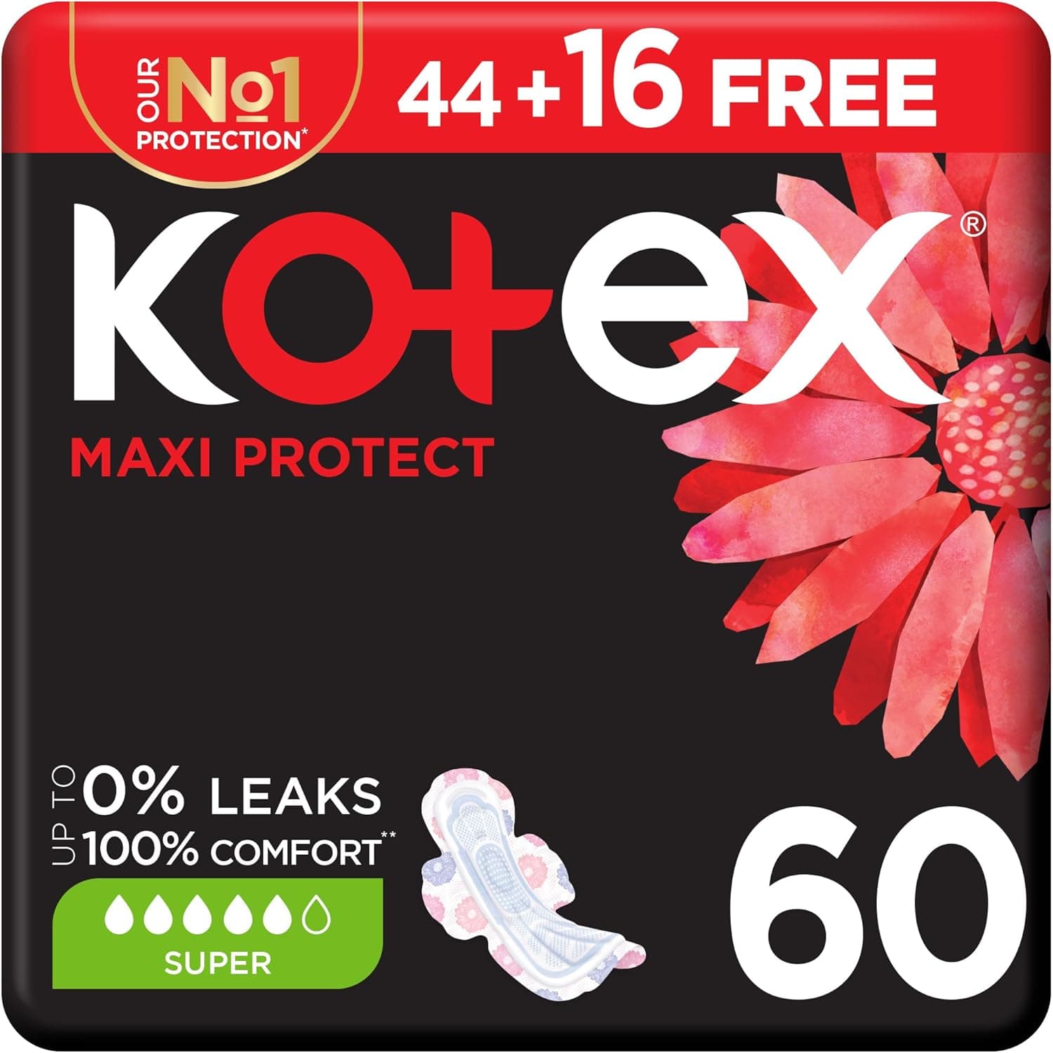 Kotex Maxi Protect Thick Pads, Super Size Sanitary Pads with Wings, 60 Sanitary Pads - 1