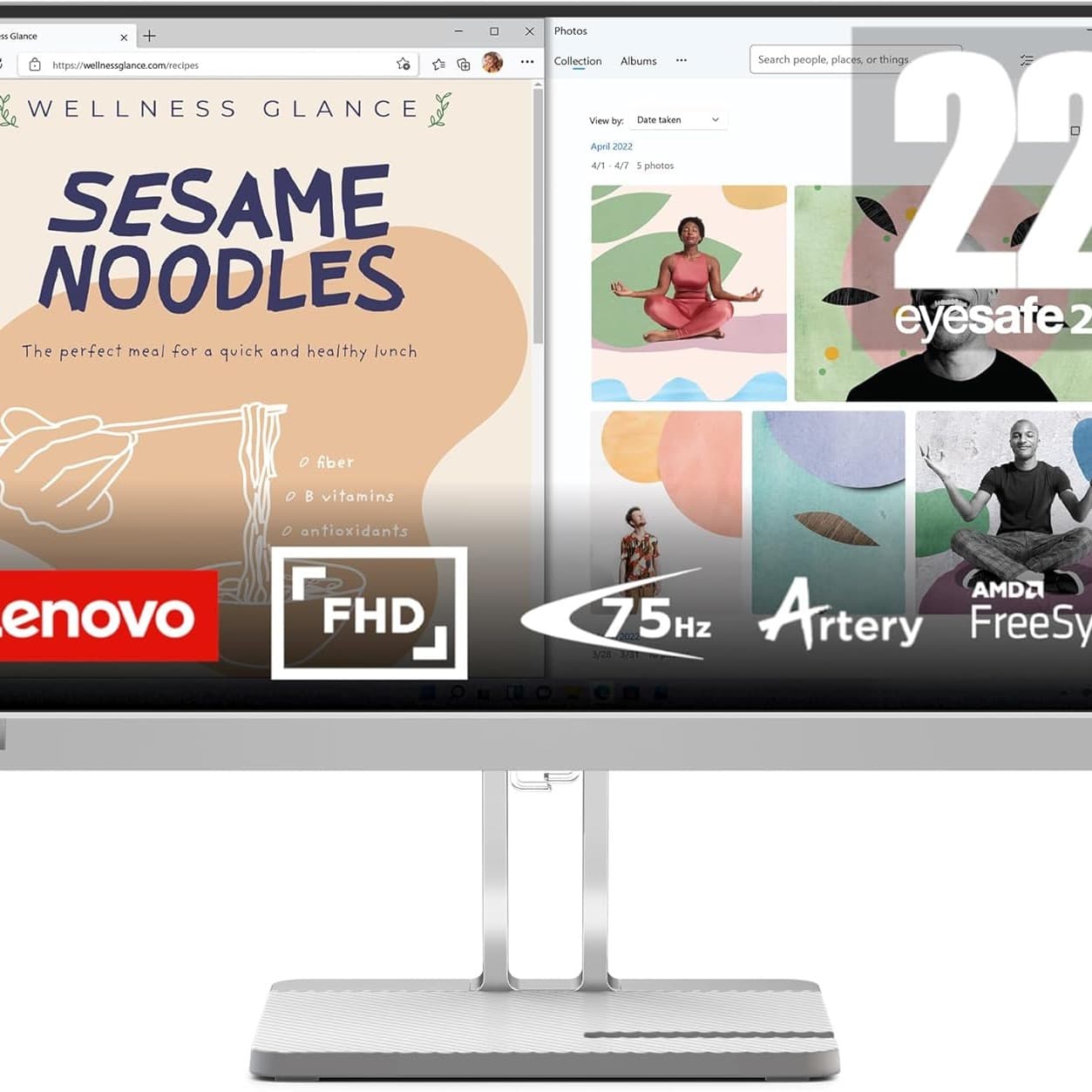 Lenovo L22e-40 – Everyday Monitor - 21.45" FHD Display - 75Hz - 4ms–16ms Response Time - AMD FreeSync - Low Bluelight Certified - Tilt Stand - HDMI 1.4 - VGA - Audio Out - 1