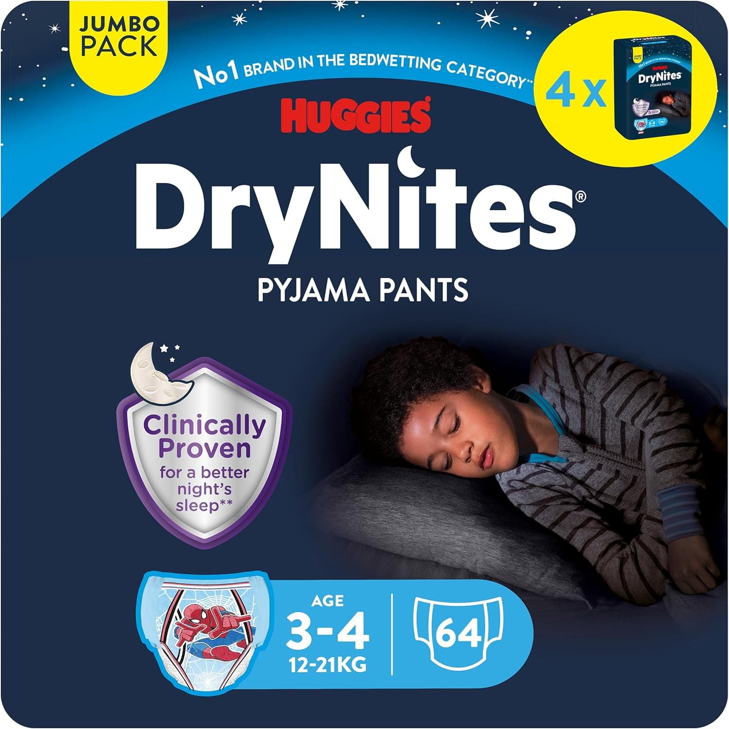 Huggies DryNites Pyjama Pants, 3-5 years, Bed Wetting Diaper, Boy, 16-23 kg, 4 x Jumbo Packs, 64 Pants