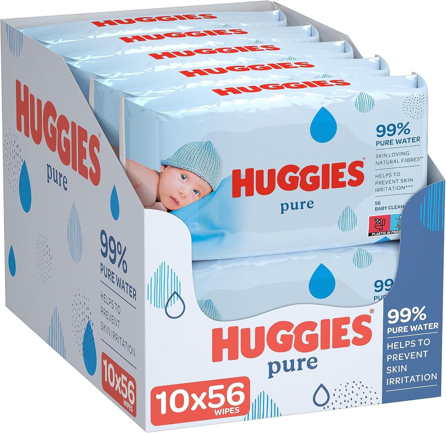 Huggies Pure Baby Wipes, 99% Pure Water Wipes, 10 Pack x 56 Wipes (560 Wipes)