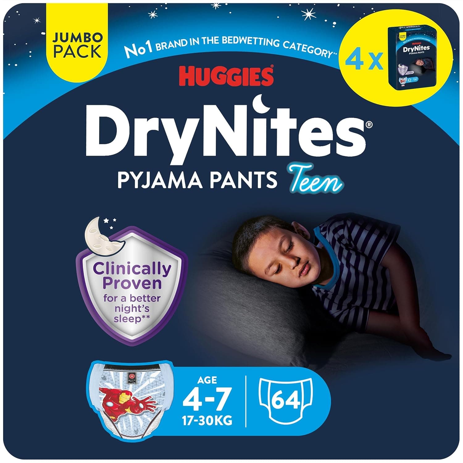 Huggies DryNites Pyjama Pants, 4-7 years, Bed Wetting Diaper, Boys, 17-30 kg, 4 x Jumbo Packs, 64 Pants