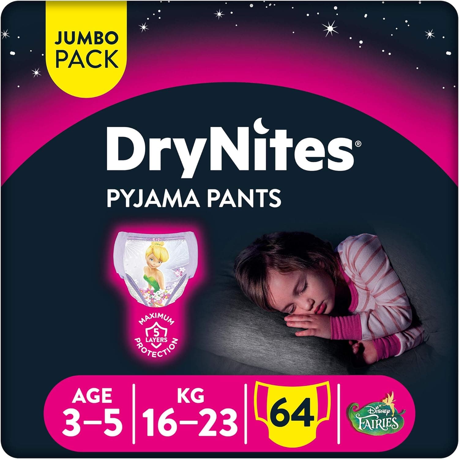 Huggies DryNites Pyjama Pants, 3-5 years, Bed Wetting Diaper, Girl, 16-23 kg, 4 x Jumbo Packs, 64 Pants